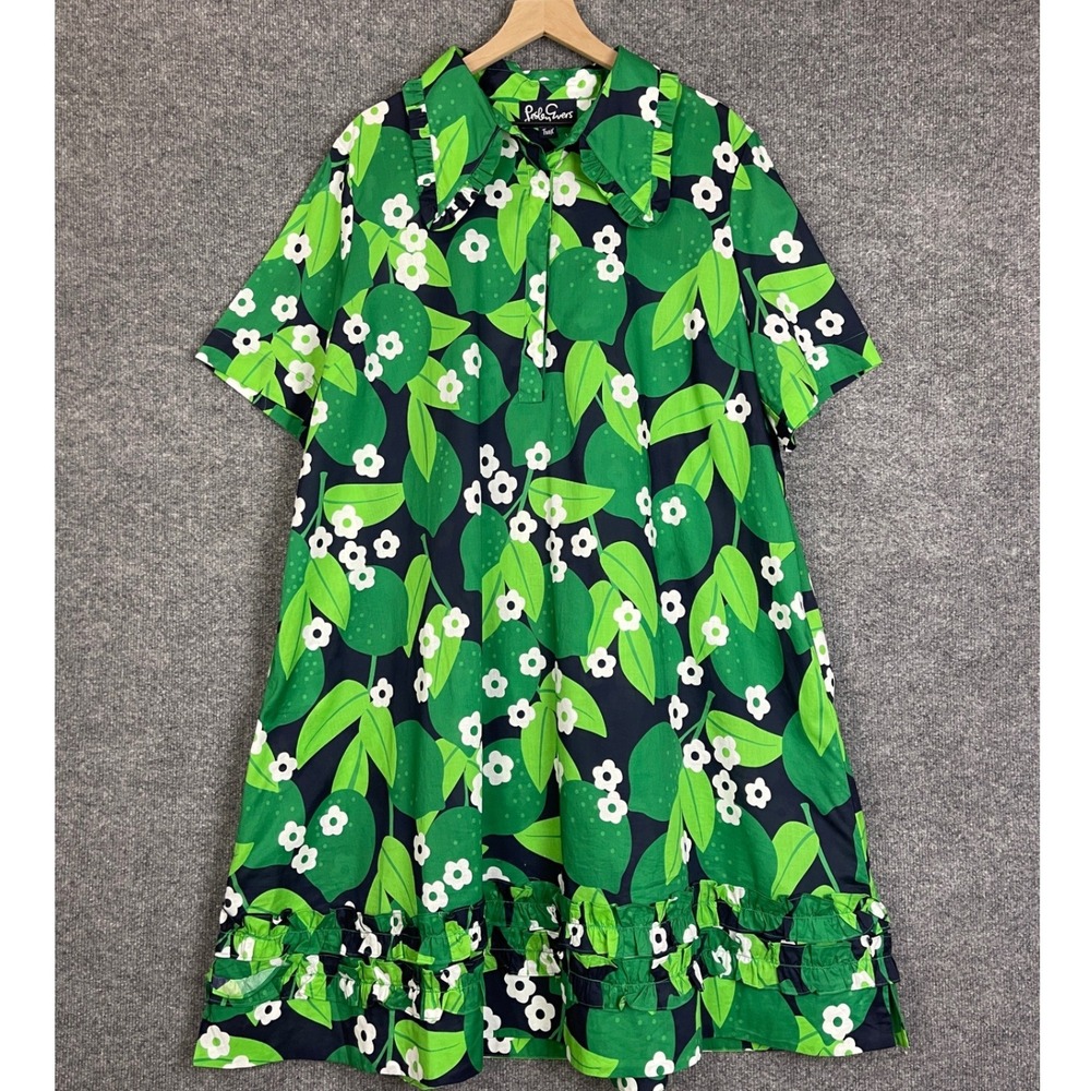 Lesley Evers Shift Dress Womens 2X Green Fruit Floral Exc Ruffle Hem Cotton